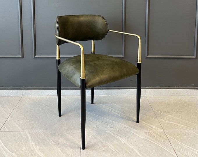 Dining Chair - Chair - Brushed Brass Metal Arms - Chairs for Living Room - Chairs for Dining Room - With Upholstery - Leather Chair