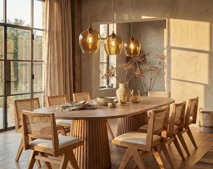 Pierre Jeanneret Style Chair - Handmade Solid Wood, Rattan Dining Chair