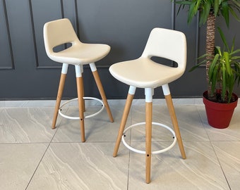 Swivel Counter / Bar Stool - Personalized Seat Height - Genuine Leather - Counter / Bar Chair - Wooden Legs - Counter Height