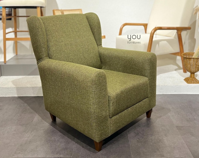 Accent Chair - Lounge Chair - Reading Armchair - Wooden Legs - Linen / Leather / Velvet Upholstery - Home Design - Home Decor