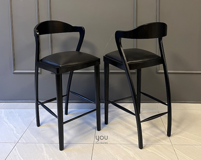 Set of 2 Pieces Counter Stools with Genuine Leather Seat - Ready to Ship Counter Height Stools - Wooden Legs - Black Wooden Frame