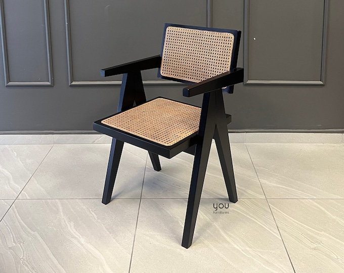 Chair - Pierre Jeanneret Style Chair - Wooden Dining Chair with Rattan Seat and Back