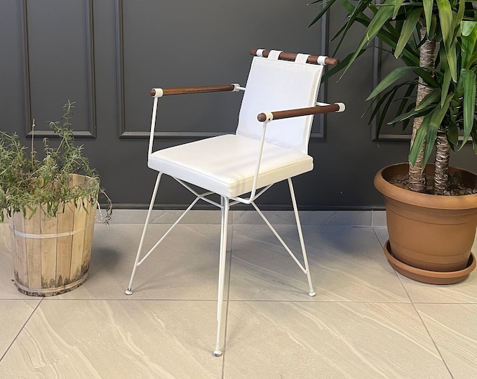 Mid-Century Dining Chair - Genuine Leather - Metal Dining Chair with Genuine Leather - Metal Legs - Leather Seat