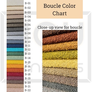 May include: A color chart of 22 different boucle fabric swatches. The swatches are arranged vertically in a column on the left side of the image. The swatches are labeled with the numbers B-01 through B-22. The right side of the image shows a close-up view of a stack of boucle fabric swatches in various shades of brown, orange, yellow, and green.