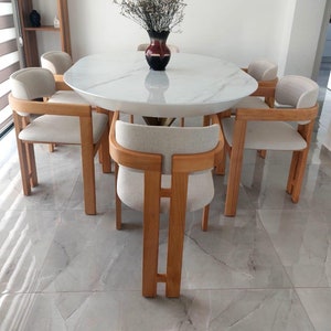 Stoel - Mid Century Moderne Stoel met Armen - Houten Eetkamerstoel met Houten Armen - Lederen Stoelen - Modern - Stoelen voor de woonkamer