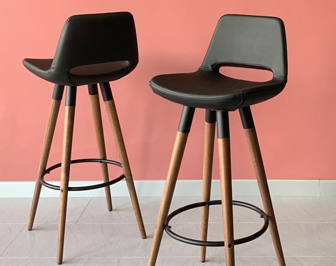 Set of 2 Pieces Swivel Counter Stools - Ready to Ship Swivel Chairs - Counter Chairs - Wooden Legs - Vegan Leather Seat