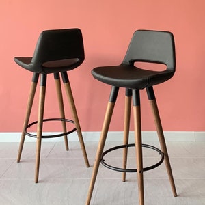 Set of 2 Pieces Swivel Counter Stools - Ready to Ship Swivel Chairs - Counter Chairs - Wooden Legs - Vegan Leather Seat
