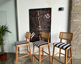 Tabouret de comptoir avec pieds en bois et dossier en rotin - Siège en velours - Options d'assise personnalisées en cuir et velours de lin - Tabouret à hauteur de comptoir