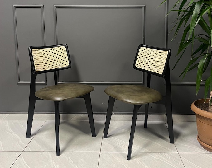 Ready to Ship Rattan Chairs - Set of 2 Pieces - Wooden Legs - Chairs for Dining / Living Room - Kitchen - Home Design Home Decor Vintage