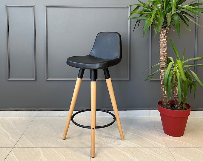 Swivel Personalized Seat Height Stools with Genuine Leather - Counter Stools - Bar Stools - Wooden Legs - Genuine Leather Seat