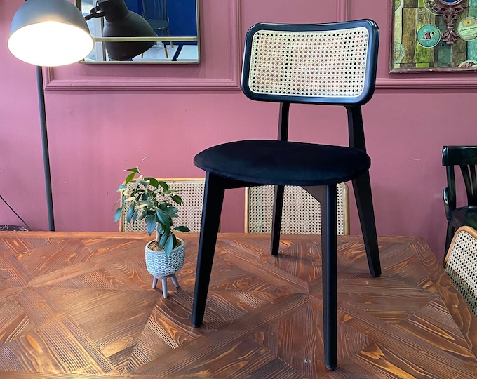 Wooden Dining Chair - Rattan - Black - Wooden Legs - Living Room - Kitchen - Office Chair