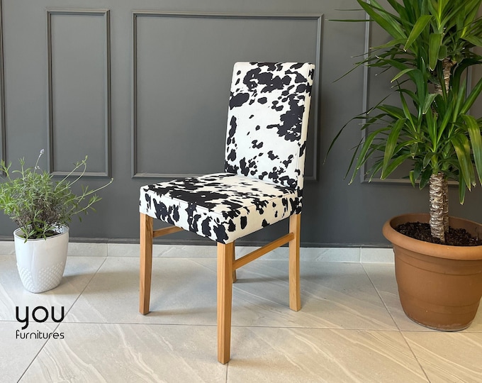 Cowhide Chair - Vegan Cowhide Pattern - Linen Boucle Velvet Vegan Leather - Dining Room Chairs -  Living Room Chair Dining Room Chair