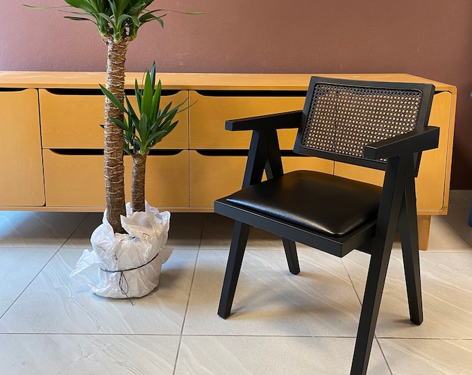 Chair - Pierre Jeanneret Style Chair - Wooden Dining Chair with Genuine Leather