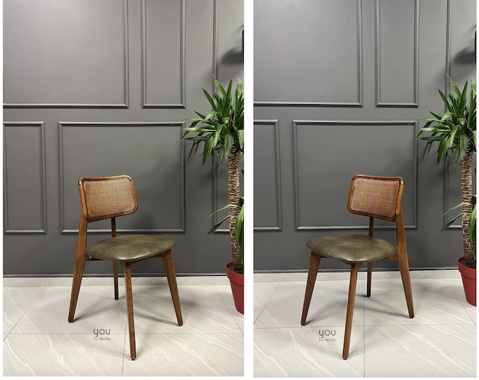 Ready to Ship Set of 2 Pieces Wooden Rattan Dining Chairs - Rattan Chairs - Wooden Legs - Chairs for Dining Room - Living Room - Home Design