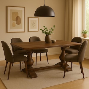 Peut inclure: Une table à manger en bois foncé avec six chaises rembourrées. La table a un piètement central. Un luminaire suspendu en forme de dôme noir est au-dessus. Des œuvres d'art décoratives et un vase avec de la verdure sont également présents.