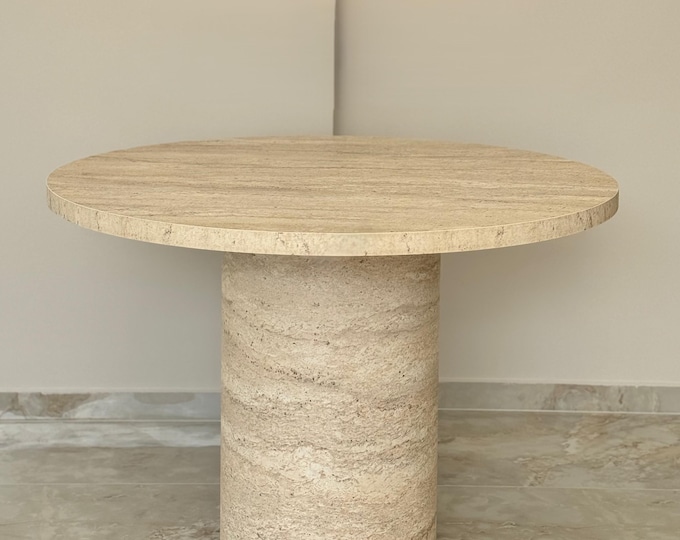 Pedestal Table - Travertine-Look Round Dining Table – Handmade Wooden Table | 100 cm & 120 cm Sizes | 4–6 Seater