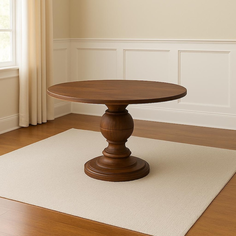 May include: A round, dark brown wooden dining table with a pedestal base. The table is set on a light beige rug, and the room has a neutral color palette. The table's diameter is approximately 48 inches.