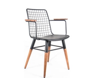 Chair - Mid Century Modern Metal Chair with Wooden Legs and Armrests