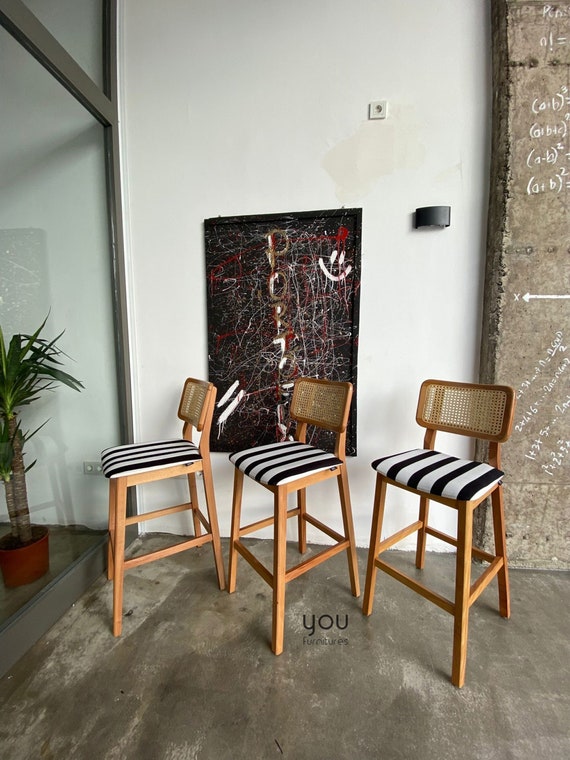 Counter Stool with Wooden Legs and Rattan Back - Velvet Seat - Personalized Linen Velvet Leather Seat Options - Counter Height Stool