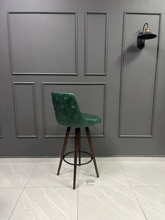 Swivel Personalized Height Stool with Genuine Leather - Lily Swivel Stool - Swivel Counter / Bar Stools - Tufted Back - 360 degrees swivel