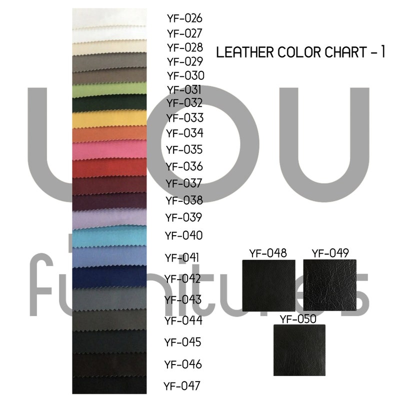 May include: Leather color chart with 18 different color swatches. The swatches are labeled with codes from YF-026 to YF-050. The chart is titled "LEATHER COLOR CHART - 1".