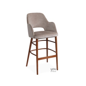 Sedia da bancone - Sgabello da bancone - Gambe in legno - Seduta e gambe personalizzate - Opzioni di seduta in pelle, velluto e lino - Sgabello alto da bancone