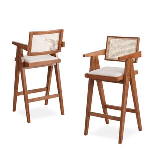 Pierre Jeanneret Style Counter Stool with Arms - Personalized Seat Material - Linen Velvet Leather Seat Options