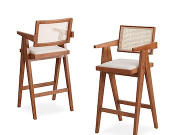 Pierre Jeanneret Style Counter Stool with Arms - Personalized Seat Material - Linen Velvet Leather Seat Options