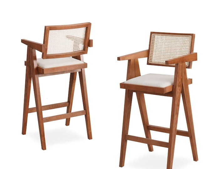 Pierre Jeanneret Style Counter Stool with Arms - Personalized Seat Material - Linen Velvet Leather Seat Options