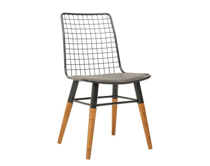 Dining Room Chair - Industrial Chair - Cafe Chair - Metal Dining Chair with Wooden Legs - Leather Seat