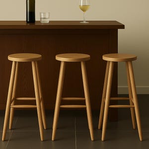Minimalist Wooden Counter / Bar Stool Circular Seat – Scandinavian Style | Handcrafted Solid Wood Stool | Kitchen Islands and Bar Stools