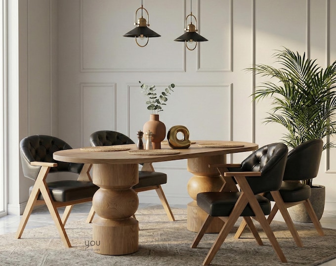 Sculptural Oval Dining Table – Solid Hardwood, Double Pedestal Base, Modern Design