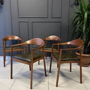 Ready to Ship Mid-Century Modern Chair with Arms - Wooden Dining Chair with Wooden Arms - Leather Chairs - Modern - Chairs for Living Room