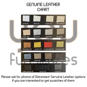 May include: Chart of genuine leather swatches in various colours, including white, beige, brown, red, yellow, and green. The swatches are labelled with names and numbers.