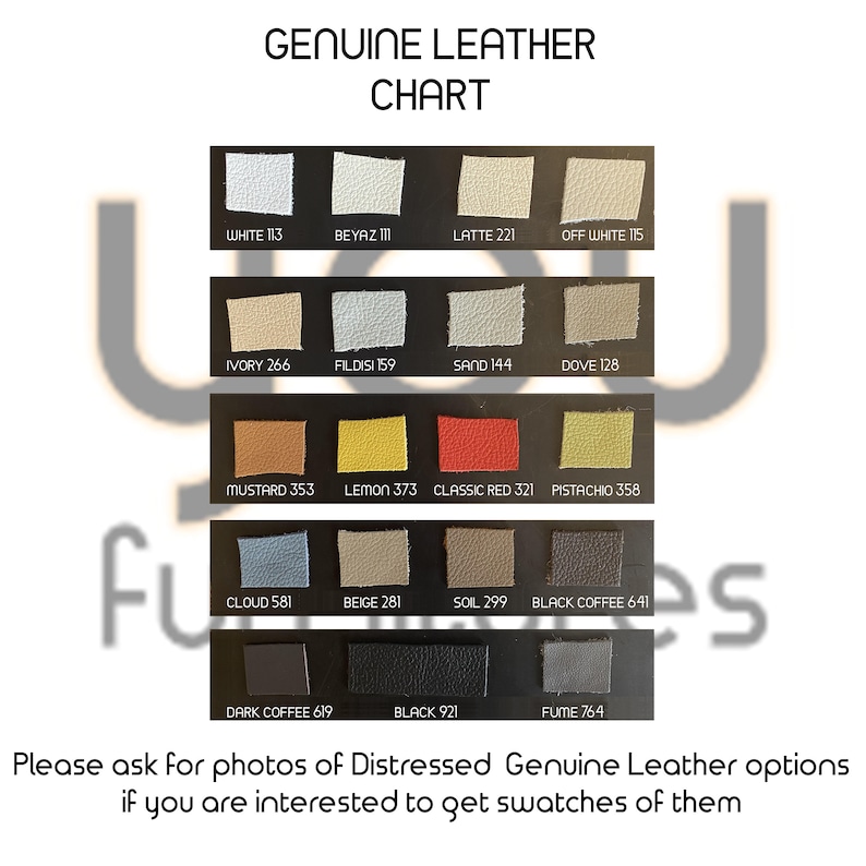 May include: Chart of genuine leather swatches in various colours, including white, beige, brown, red, yellow, and green. The swatches are labelled with names and numbers.