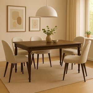 May include: A dining room set with a dark brown rectangular table and six beige upholstered chairs. The table has a vase of greenery and a small bowl. A white pendant light hangs above the table, and artwork is on the wall.