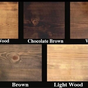May include: Five wood samples showing different stain colours: Natural Wood, Chocolate Brown, Walnut, Brown, and Light Wood.