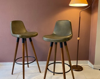 Counter Stool - Bar Stool - Fixed Seating Bar Chair - Wooden Legs - Velvet/Leather Seat - Bar Stools Counter Height - Full Back