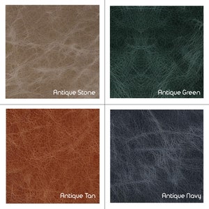 May include: Four leather swatches in different colours: antique stone, antique green, antique tan, and antique navy.