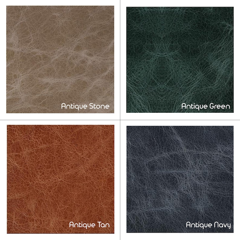 May include: Four leather swatches in different colours: antique stone, antique green, antique tan, and antique navy.