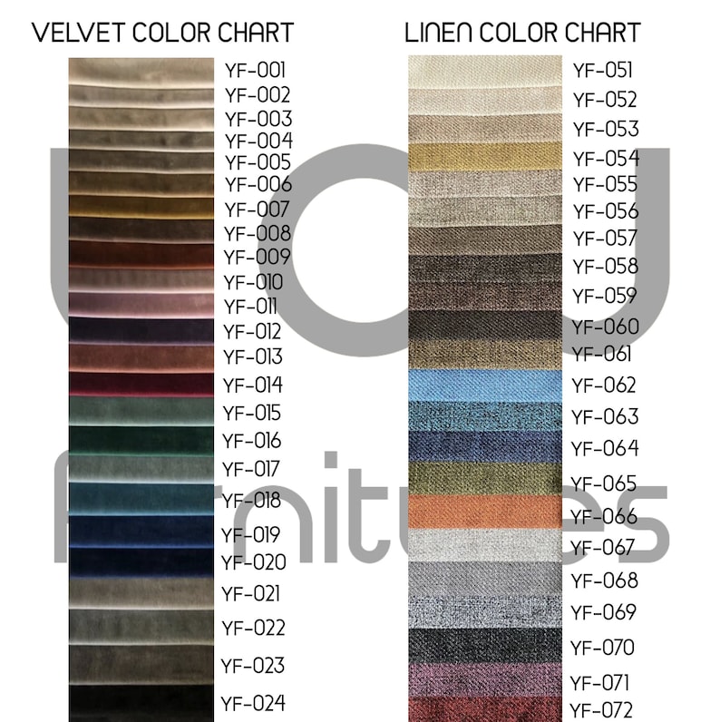 May include: Colour chart displaying 24 different velvet fabric swatches labelled with YF-001 to YF-024 and 22 different linen fabric swatches labelled with YF-051 to YF-072.