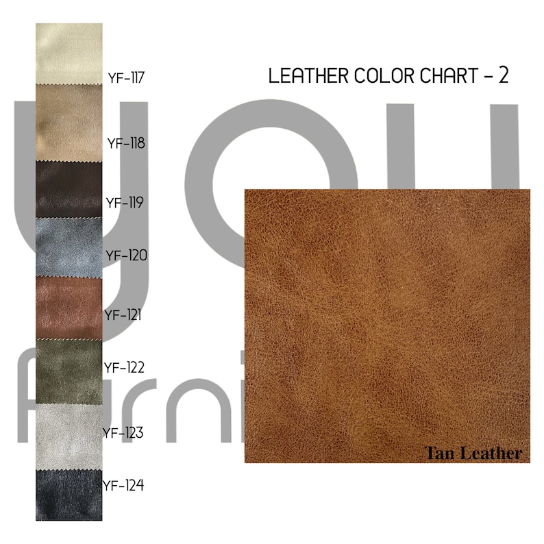 May include: Leather colour chart with 10 different leather swatches. The swatches are labelled with numbers from YF-117 to YF-124. The chart also includes a large swatch of tan leather labelled "Tan Leather".