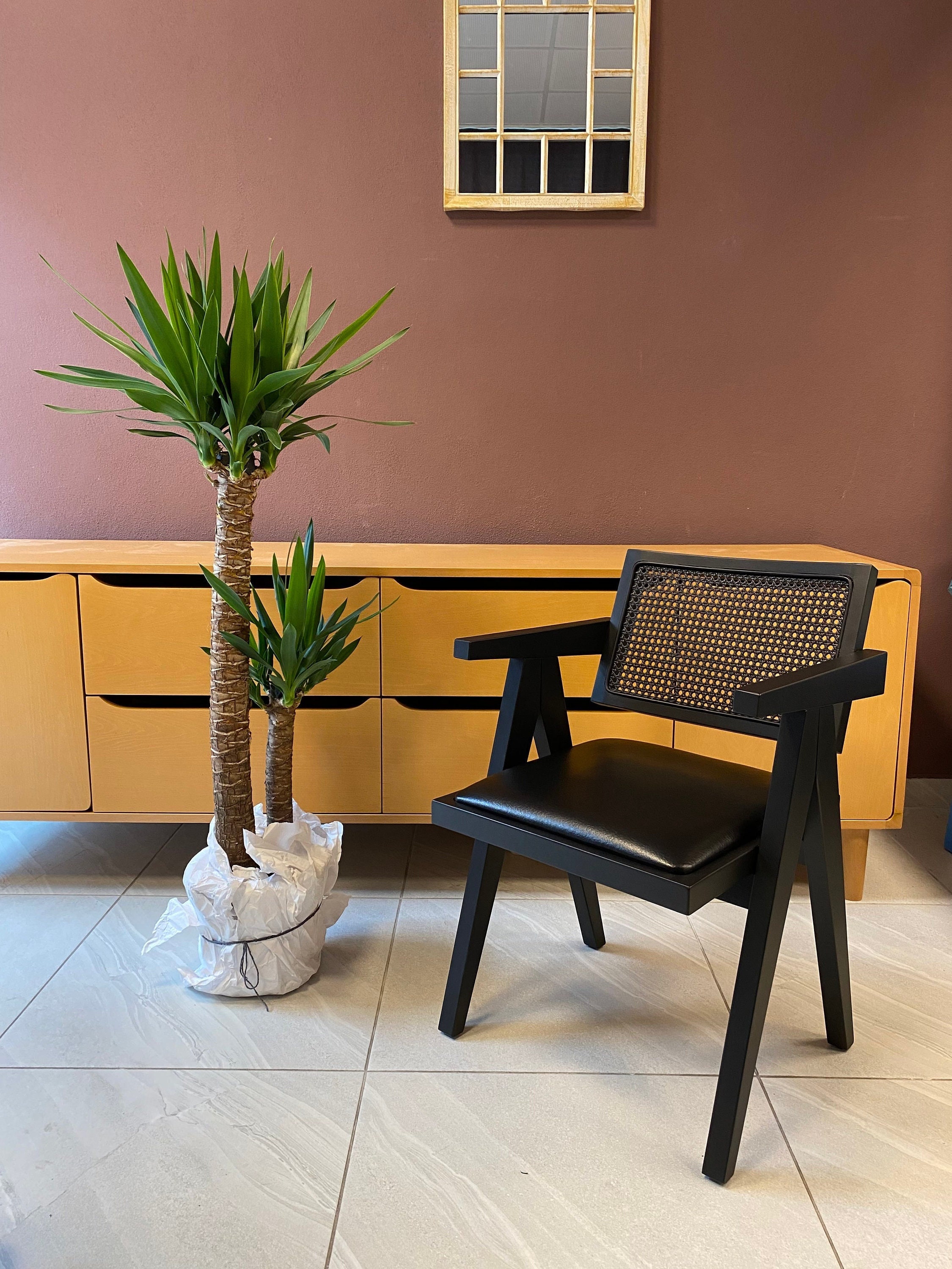 Chair - Pierre Jeanneret Style Chair - Wooden Dining Chair with Genuine Leather