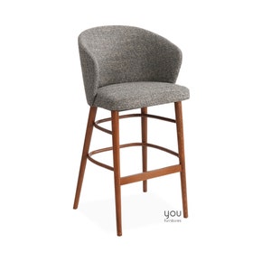 Sgabello da bar con gambe in legno - Seduta e gambe personalizzate - Opzioni di seduta in velluto di lino e pelle - Sgabello da bar