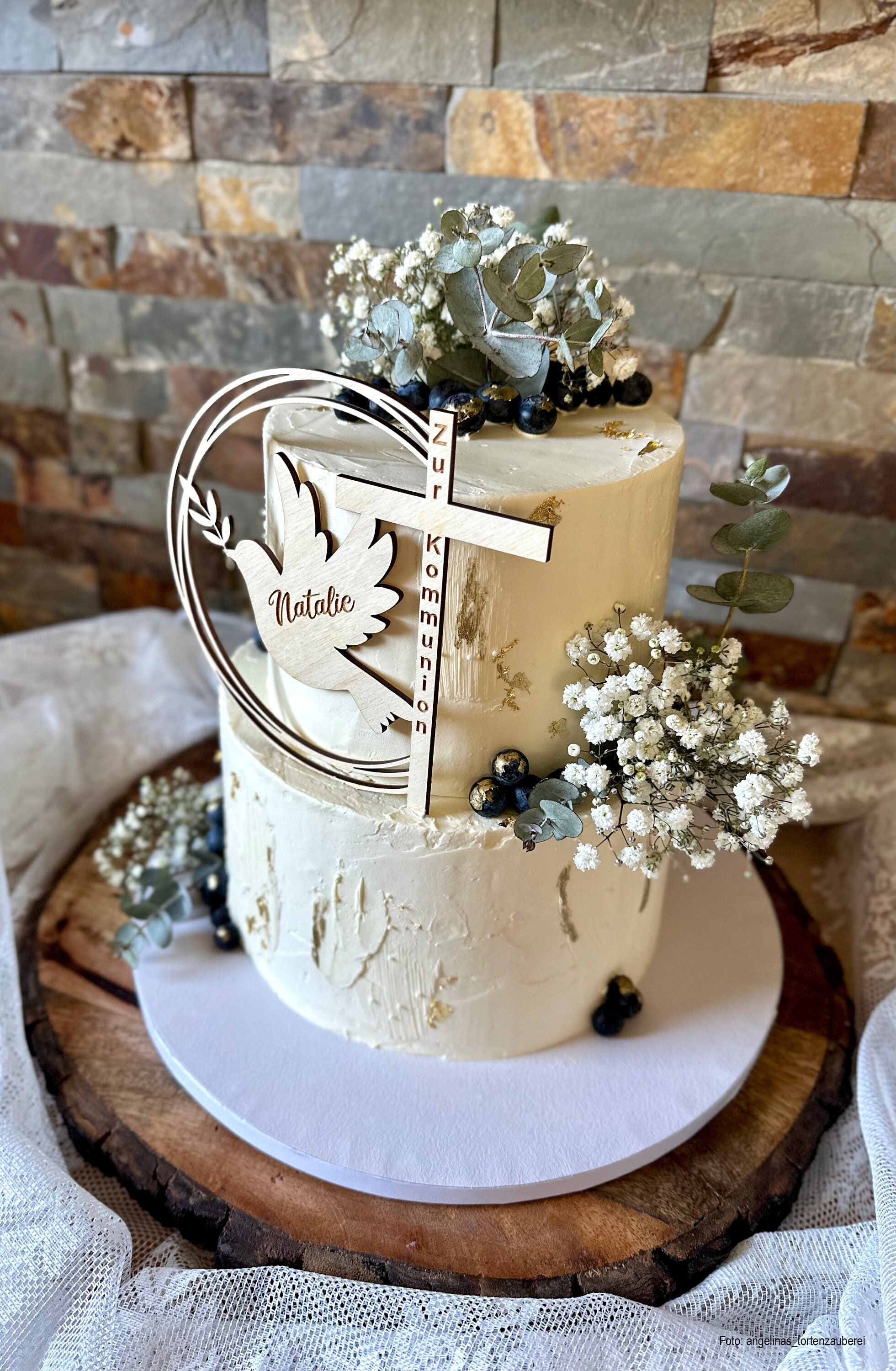 Cake Topper Für Kommunion & Taufe – Holz, Mit Taube, Personalisierbar