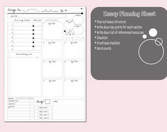 May include: A black and white printable essay planning sheet with a hexagonal diagram and a checklist. The sheet includes sections for outlining essay structure, key points, references, word counts, and a proofread checklist.