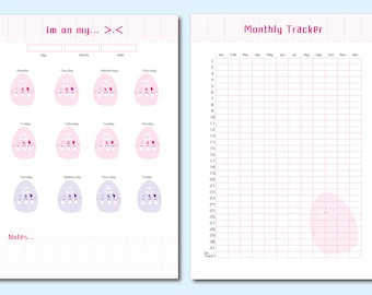 May include: A printable pink and white monthly tracker with a pink and white illustration of a cartoon character. The tracker includes a calendar with days of the week and numbers 1-31. The tracker also includes a section for notes.