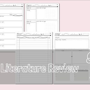 May include: Black and white printable literature review planner with sections for analysis, diagrams, relevant, and identify. The planner includes sections for reading notes, important points, summary, and more.