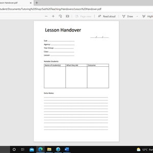 Lesson Handover Sheet Simple and Easy to Use PDF