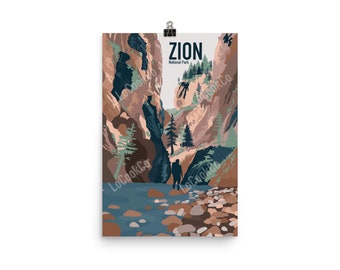 Zion National Park poster in vintage stijl – handgetekende reiskunst